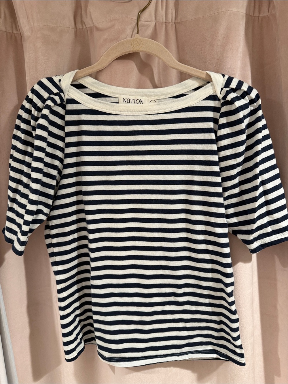 Nation LTD Navy & White Striped Puff Sleeve Top